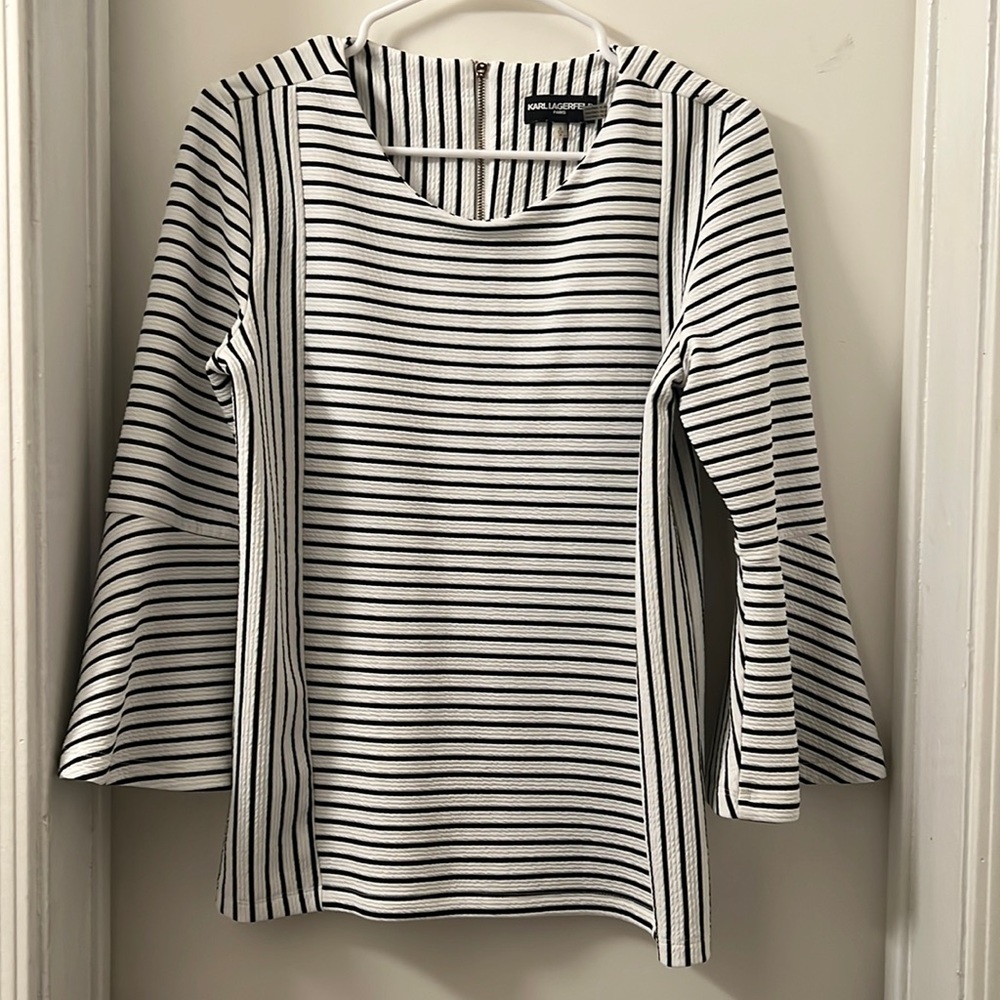 3/$15 Karl Lagerfeld - White & Black Stripe Bell Sleeve Top/Blouse Women S